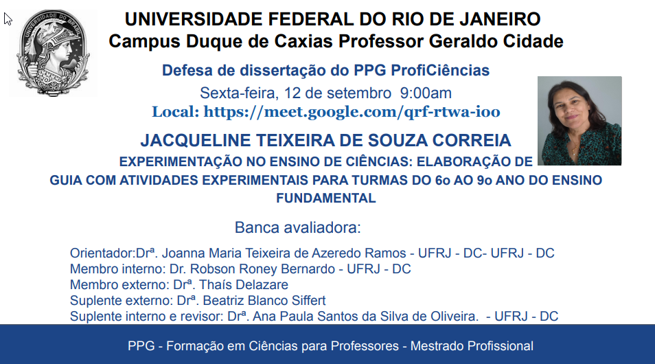 Convite para a defesa de dissertação da aluna Jacqueline Teixeira de souza correia 